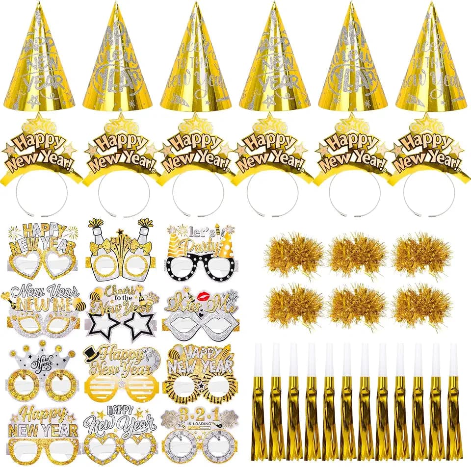 42PCS New Years Eve Party Supplies 2026 Happy New Year Cone Hats, Tiaras, Blowouts, Wreaths, Paper Glasses for Happy New Years Party Decorations 2026