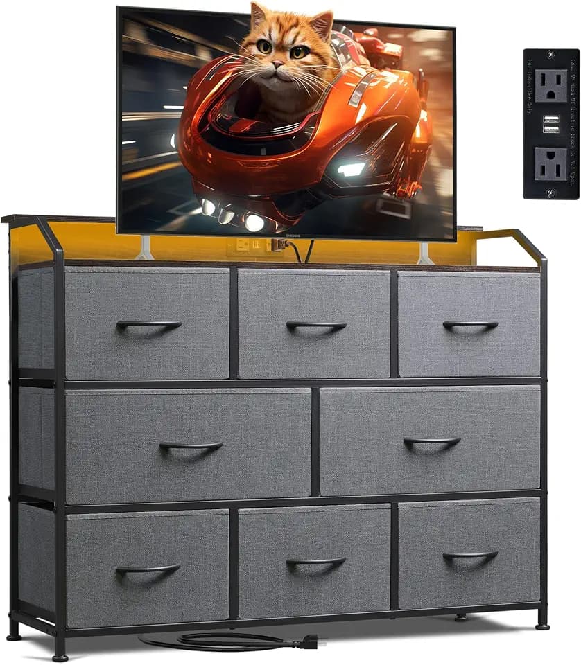 WLIVE Dresser for Bedroom, 8 Drawer LED Dresser with Outlet, Dark Grey