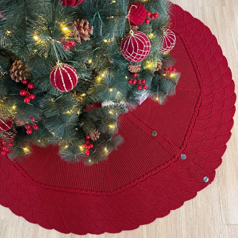 Knitted Christmas Tree Skirt with Mermaid Stitch Pattern and Fishscale Buttons (Burgundy, 60-Inch)