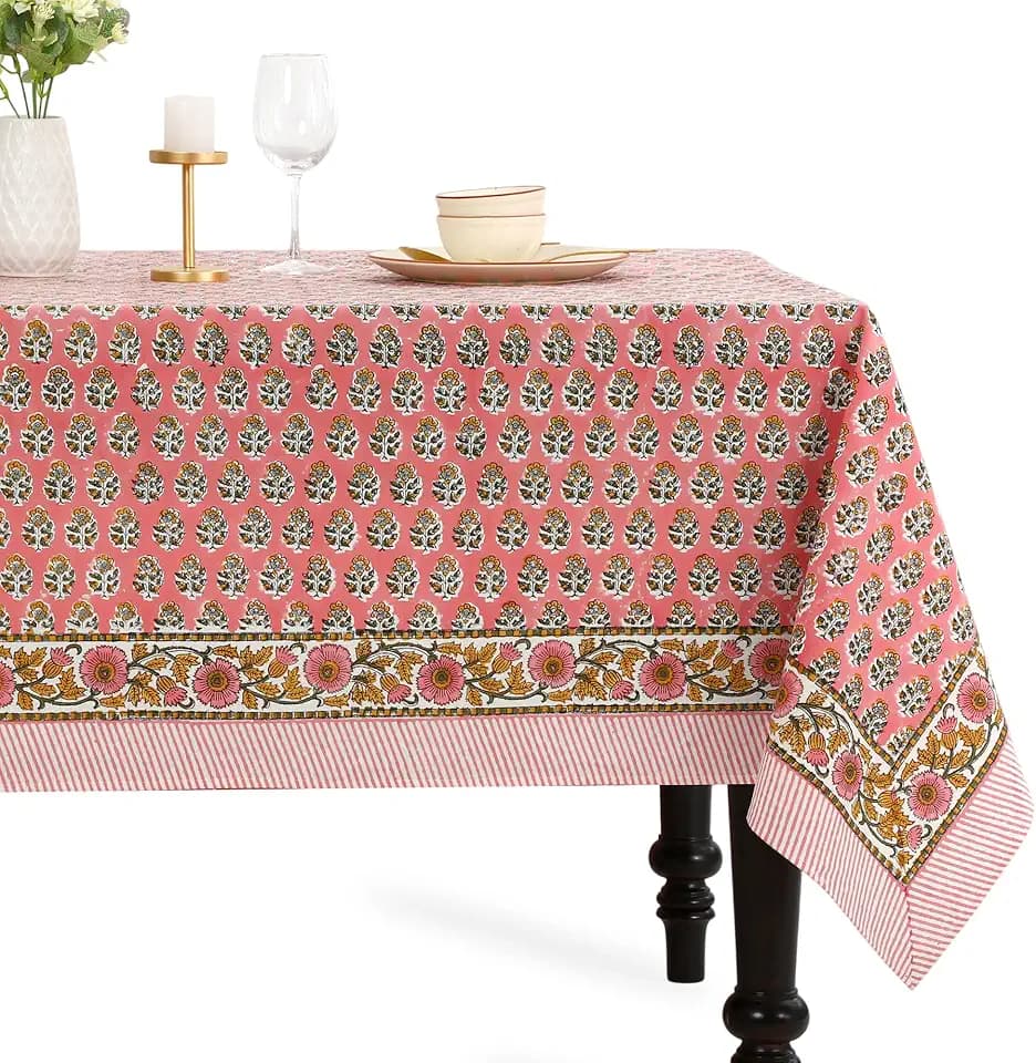 CPC Poppy Pink Block Print 100% Cotton Rectangle Tablecloth 72x190 Inch