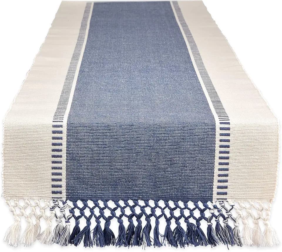 DII Dobby Stripe Table Runner, 13x108, French Blue & Cream Background