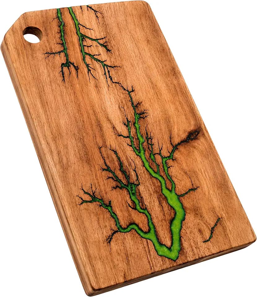 Lemon Green Charcuterie Board 16x8 Inch - Handmade Acacia Wood Fractal Burn Epoxy Resin - Unique Green Cheese Serving Platter Appetizer Tray Wine Entertaining Spring Summer Gift