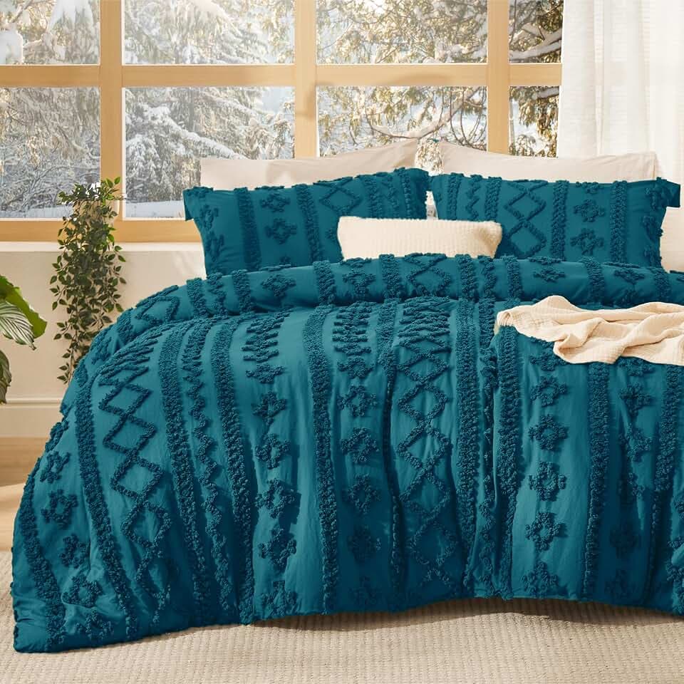 Bedsure Tufted Boho Comforter Set Queen, Bedroom Decor Bedding Set Teal