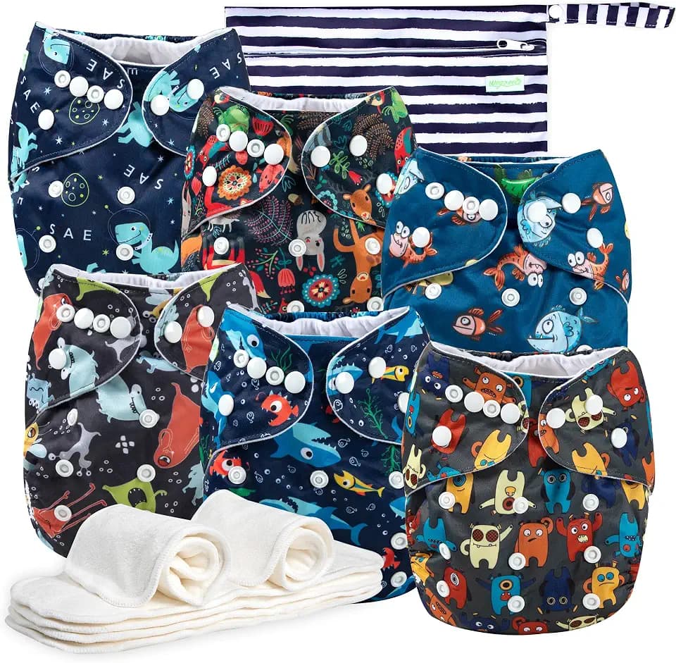 wegreeco Cloth Diapers 6 Pack with 6 Inserts & 1 Wet Bag, Washable Cloth Diapers for Babies, One Size Adjustable Reusable (Monster Style)