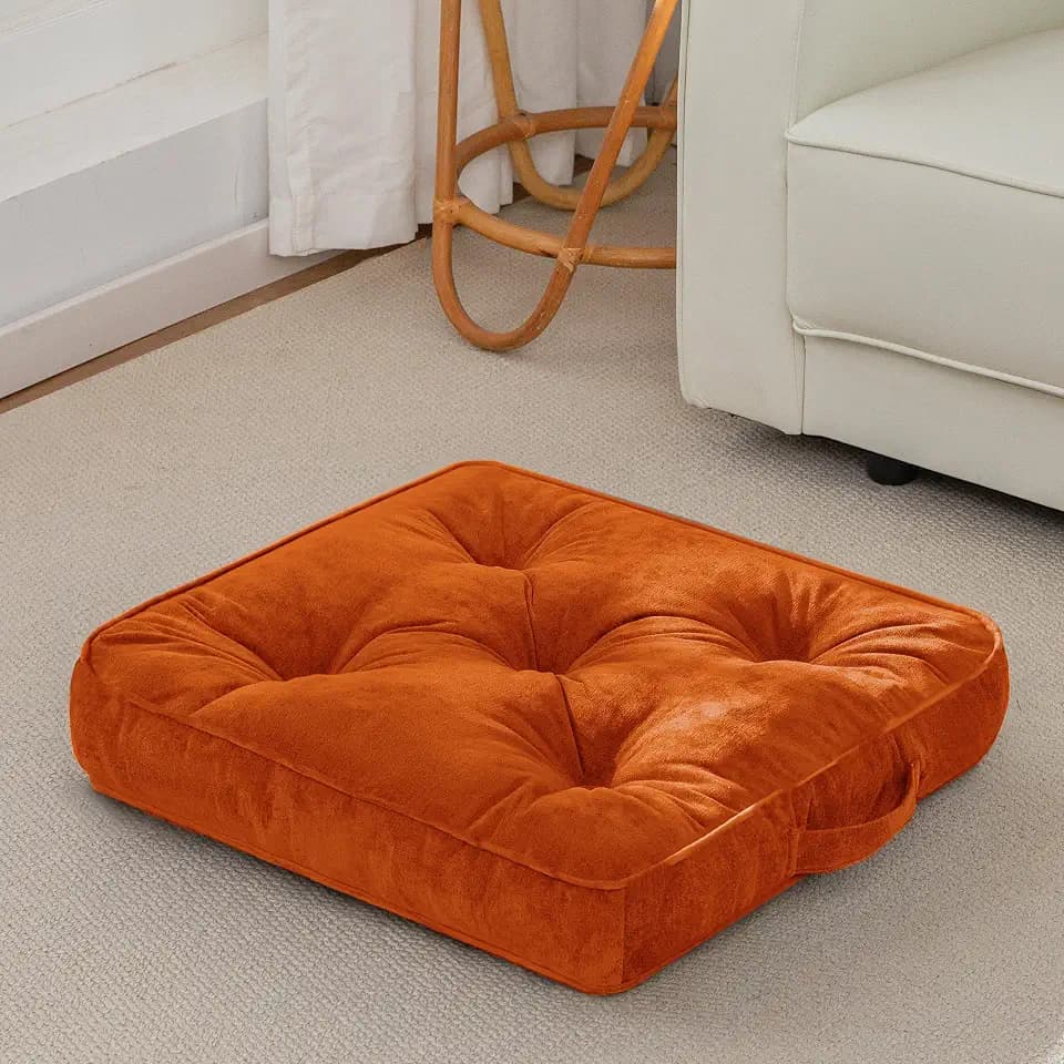 HIGOGOGO Large Floor Pillow Cushion for Adults, Meditation Cushion Pillow with Handle, Lustrous Chenille Tufted, Square Floor Sitting for Tatami Living Room or Yoga, 22x22 Inch, Orange