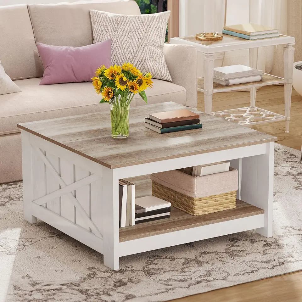 DWVO Square Farmhouse Coffee Table with 2-Tier Storage, Grey Wash