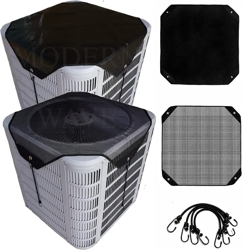 MODERN WAVE - 2 (Two) Central Air Conditioner Covers for Outside Units 32 x 32 inch - 1 (One) Top Universal Mesh Cover and 1 (One) Winter Waterproof Outdoor AC Defender Cover (Black, 32" x 32")
