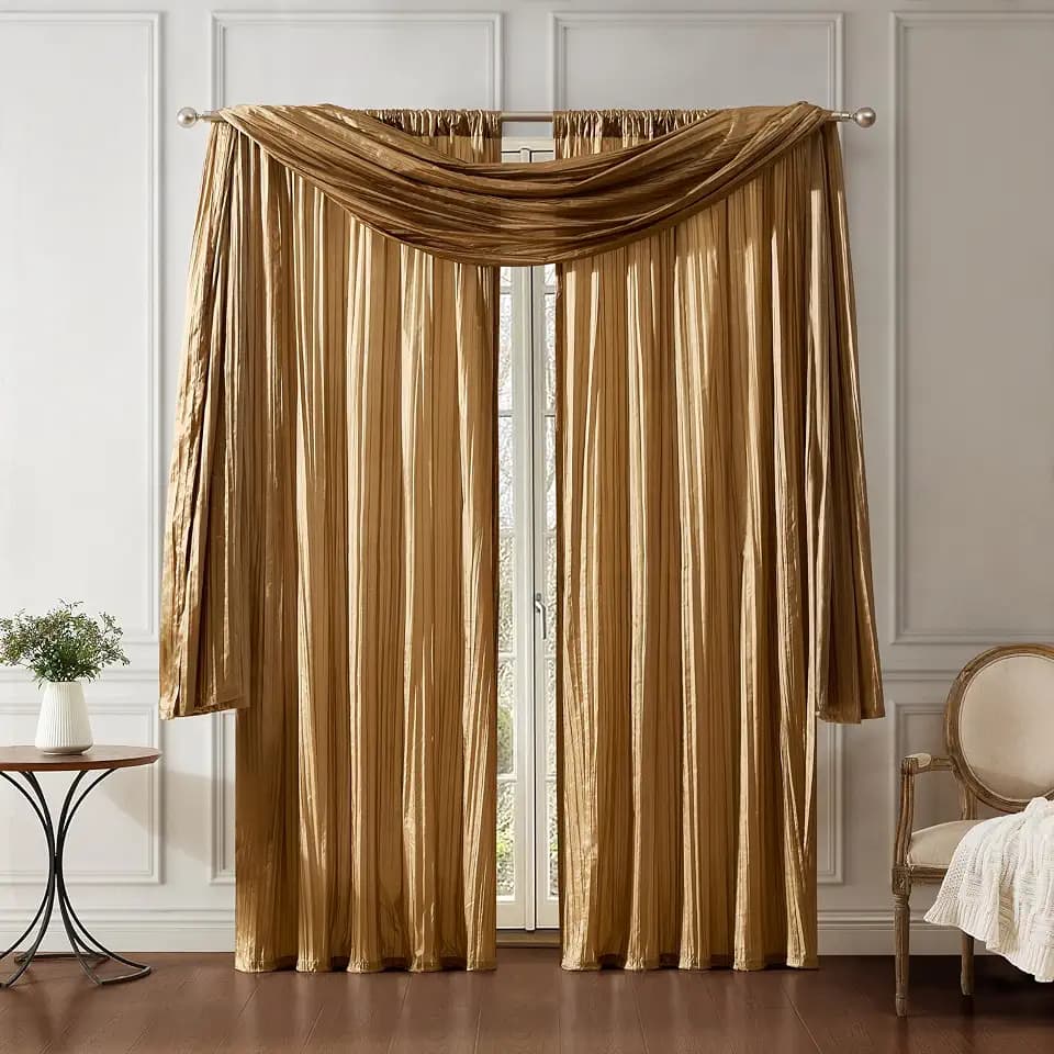 Athena Faux Silk Window Curtain and Scarf Set, Gold - 52" W x 108" L