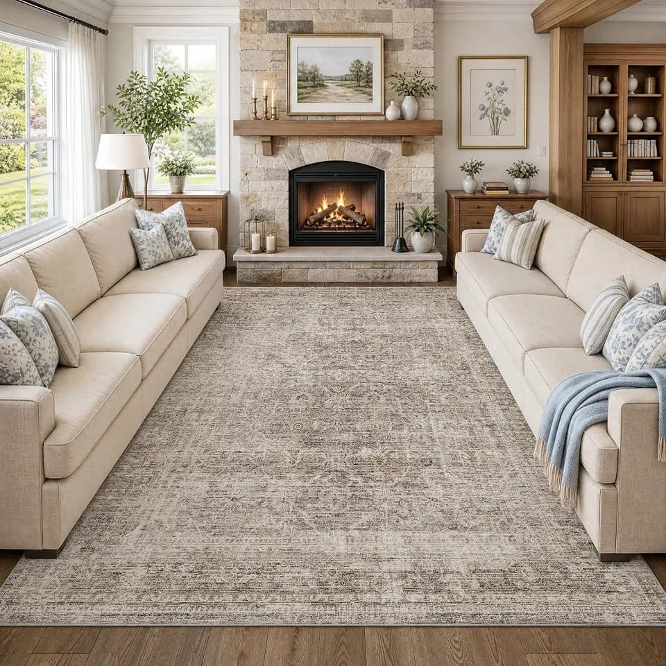 FMFUNCTEX 12x15 Washable Taupe Vintage Distressed Area Rug for Living Room