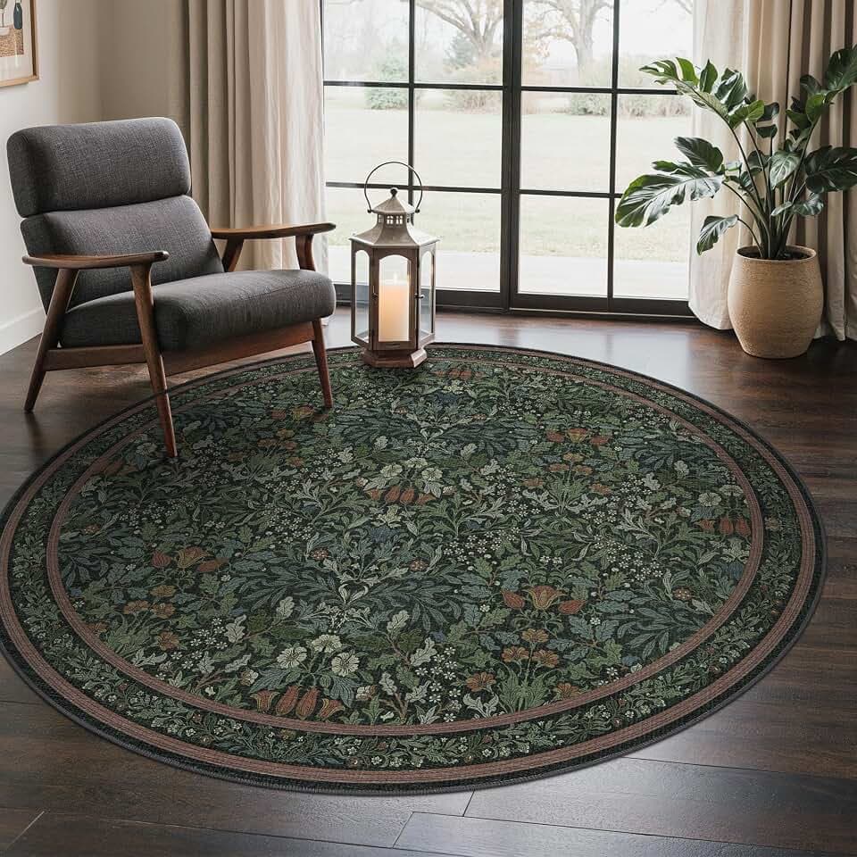 GENIMO 6 Ft Washable Round Rug for Living Room, Non Slip, Dark Green