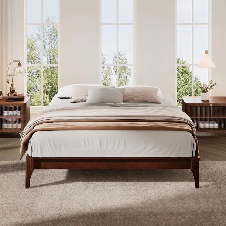 Merax Mid-Century Solid Bamboo Wood Queen Bed Frame,Chocolate