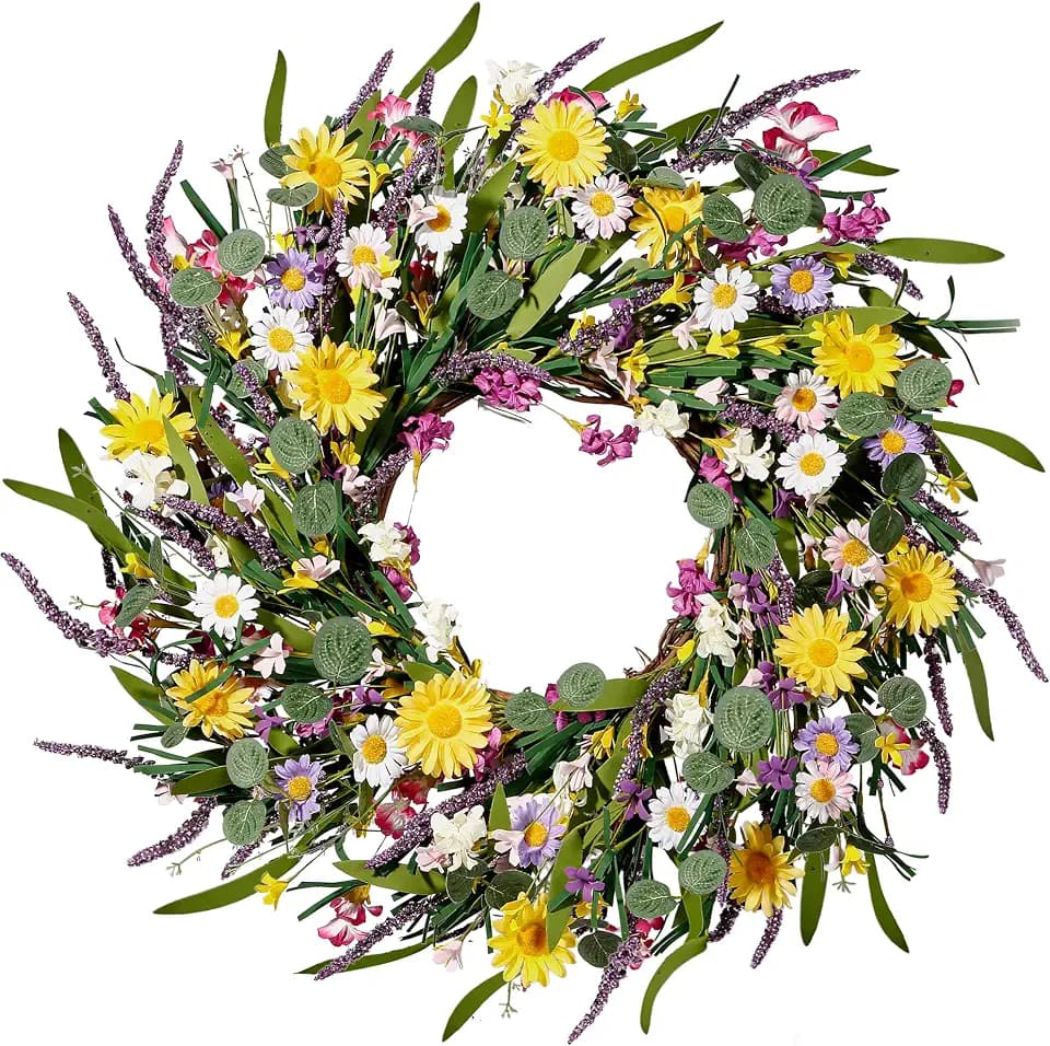 Sggvecsy Daisy and Lavender Wreath 24’’ Wildflower Wreath Spring and Summer Artificial Spring Silk Summer for Front Door Home Wall Wedding Festival Farmhouse Holiday Decor
