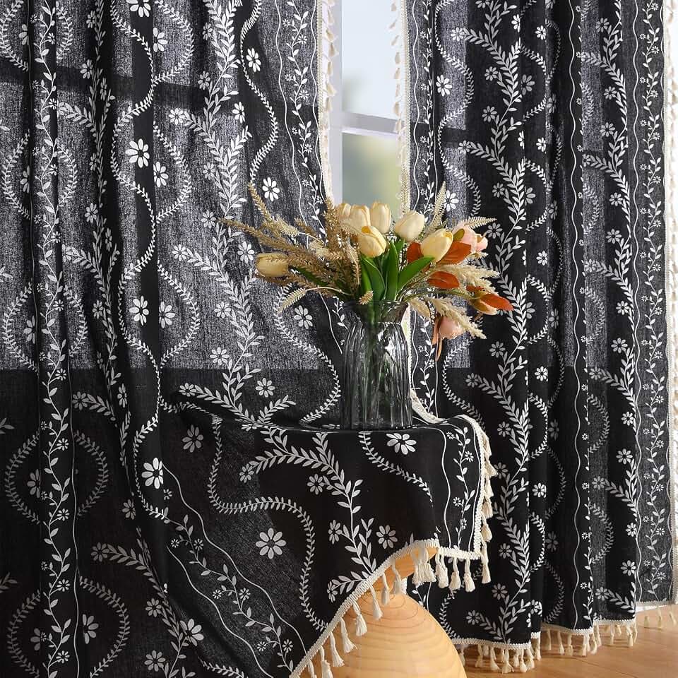 Schweek Boho Tassels Curtains 63 Inches Long 2 Panels for Living Room Black