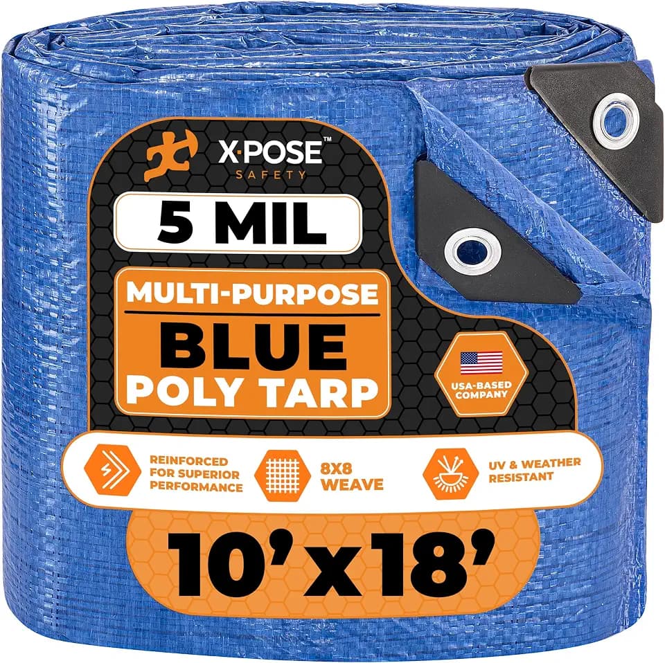 Better Blue Poly Tarp 10' x 18' - Multipurpose Protective Cover - Lightweight, Durable, Waterproof, Weather Proof - 5 Mil Thick Polyethylene - by Xpose Safety