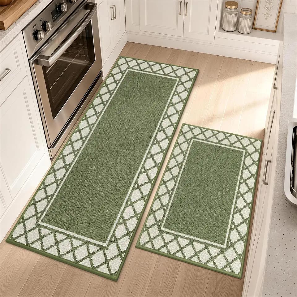 COSY HOMEER Washable Kitchen Rugs Sets of 2 Non-Slip Kitchen Mats,Green