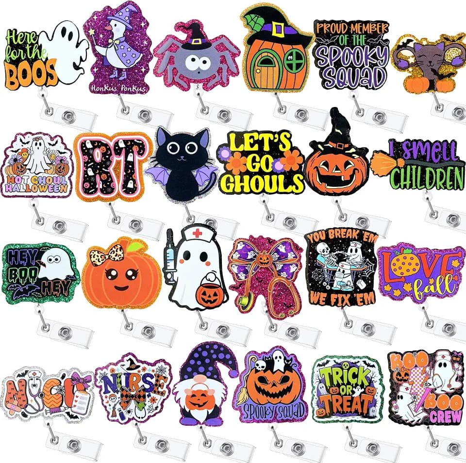 24 PCS Halloween Badge Reels Bulk for Nurses, Fall Badge Holders with Spooky Holiday Designs for Nurses, CNAS, RNs, Medical Assistants, Nursing Students and Staff Gifts