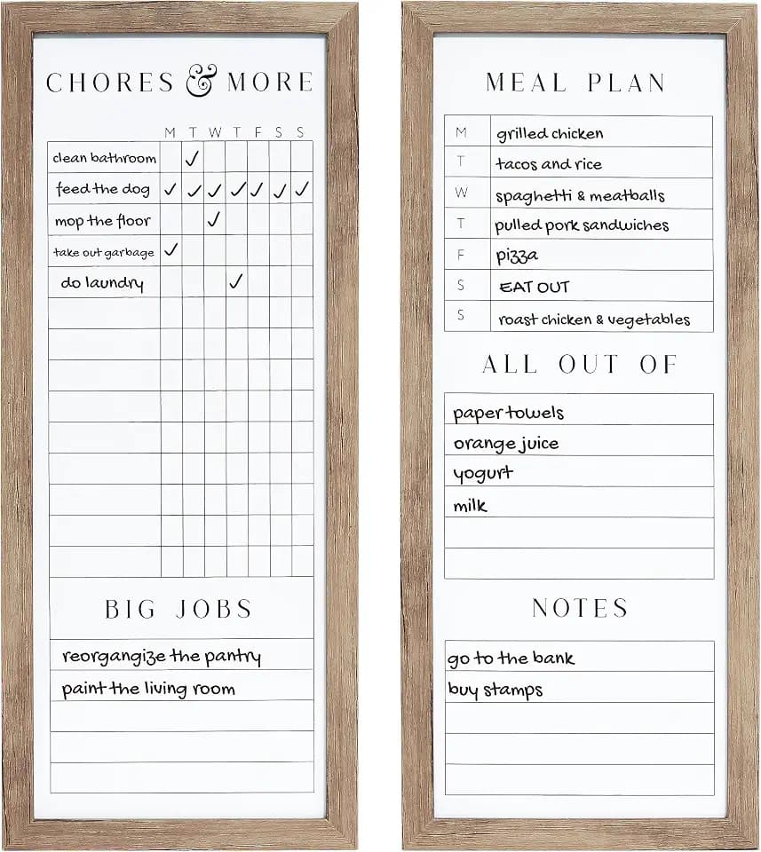 Sheffield Home Set of Two Family Planner Dry Erase Boards Featuring, Chore Chart, Shopping List, Weekly Meal Planner and Notes, 9x21 Inch, Natural