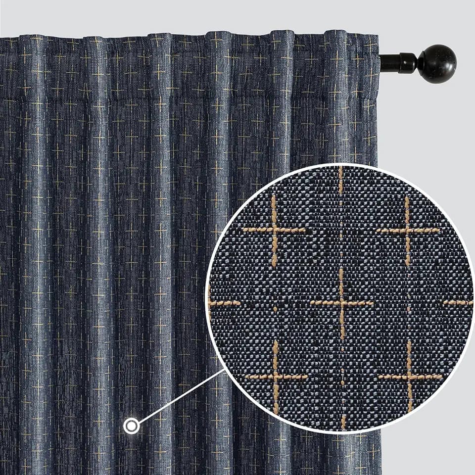 MIULEE Patterned Farmhouse Linen Curtains, Back Tab, 52Wx84L, Blue