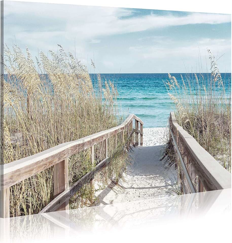 Beach Seascape Canvas Wall Art - Coastal Picture Artwork with Wooden Fence and Weeds Pathway to Ocean for Bedroom Wall Decor(24 x 18)