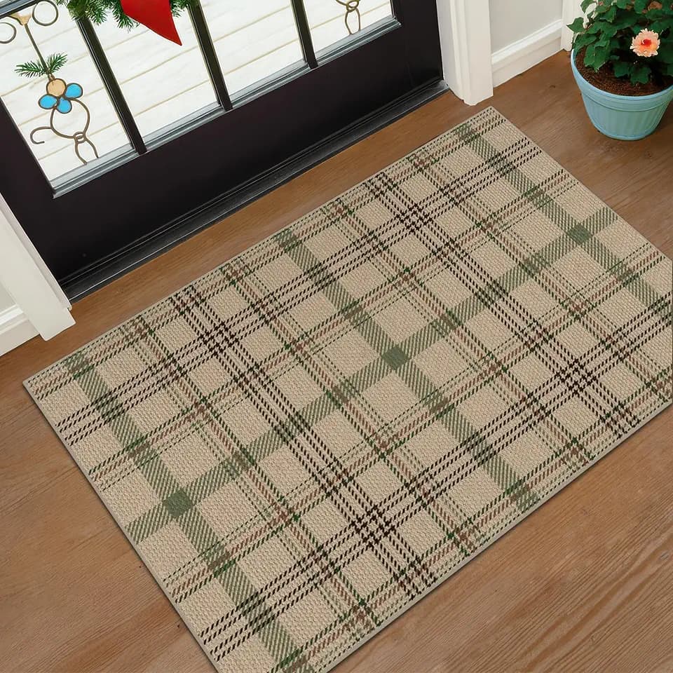 JTJ Easy Jute 2x3 Entryway Rug, Sage Green Plaid Washable Non Slip