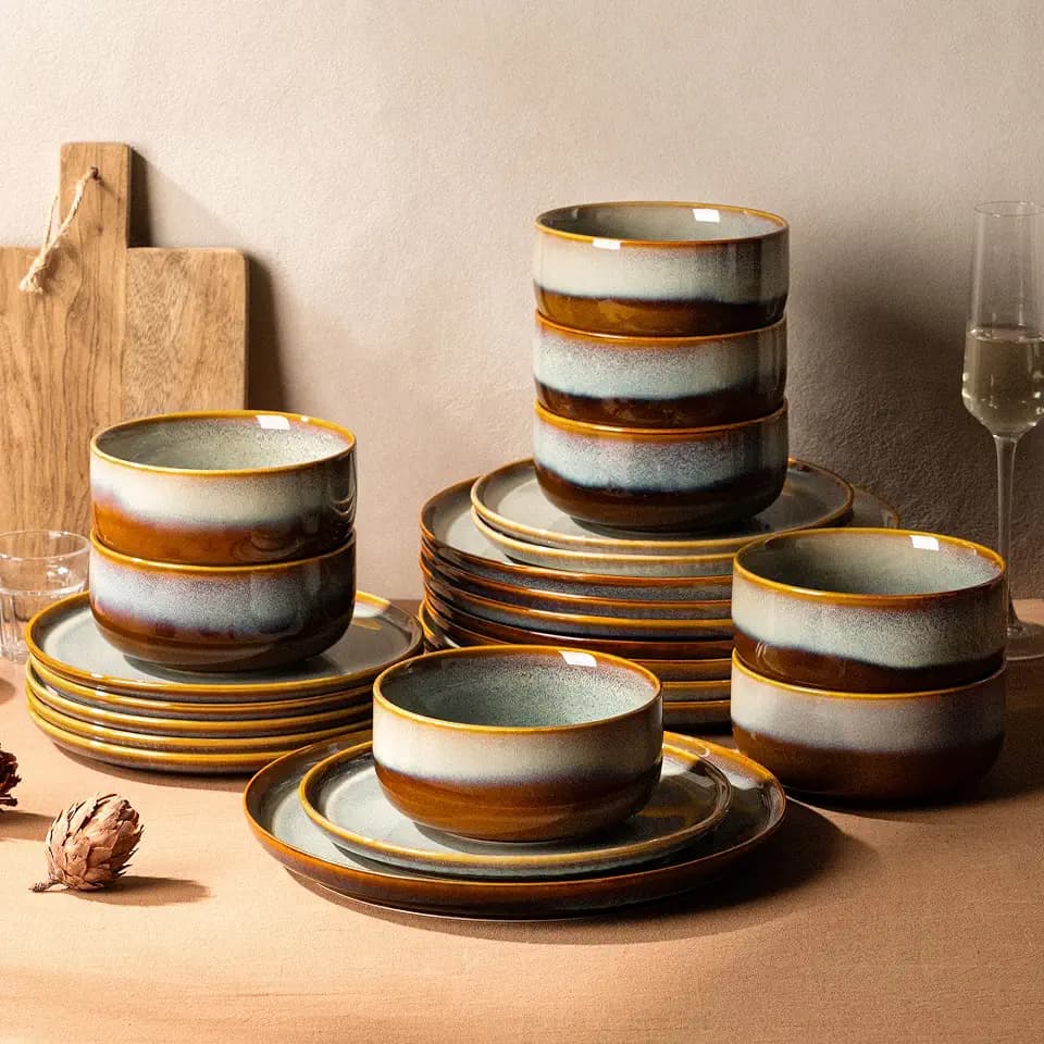 TheTerra Ceramic Dinnerware Set for 8, 24-Piece Plates and Bowls Set