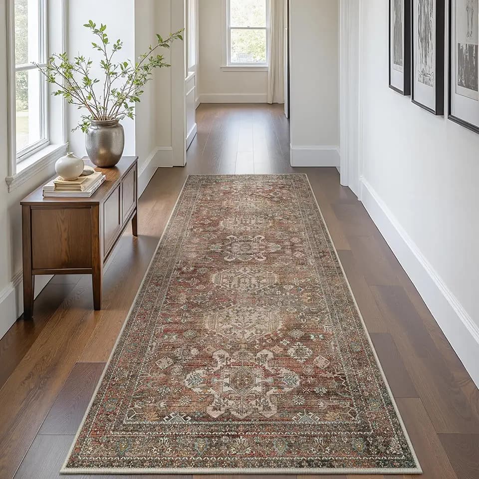 Bavni 2x12 Hallway Runner Rug, Non Slip Washable, Brick