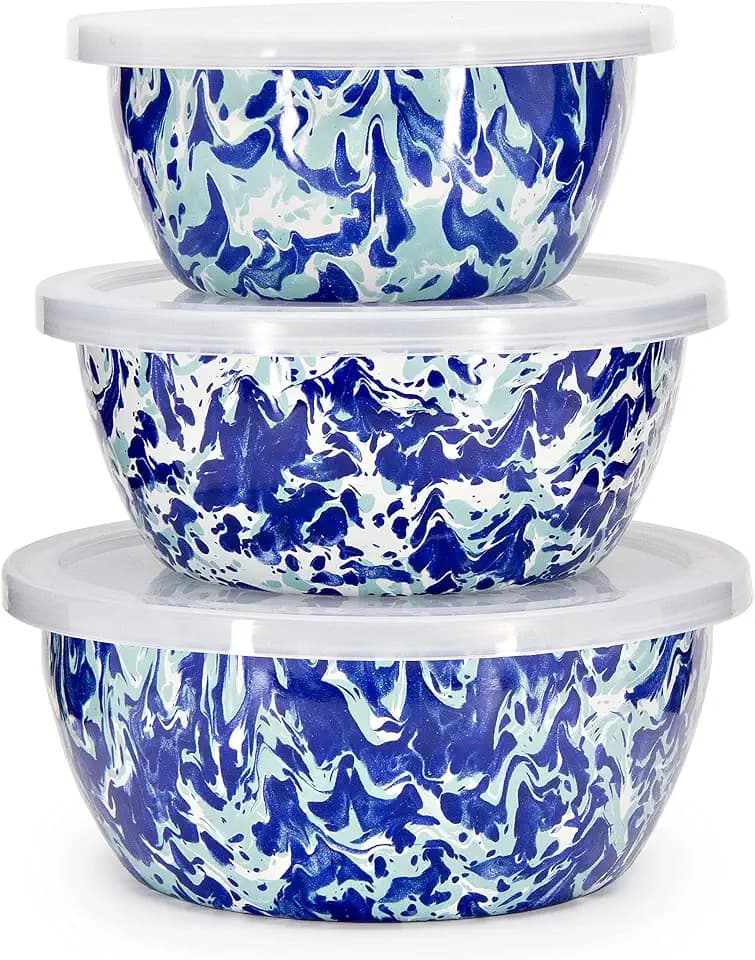 Golden Rabbit Enamelware Nesting Storage Bowls with Lids, Set of 3, Ocean