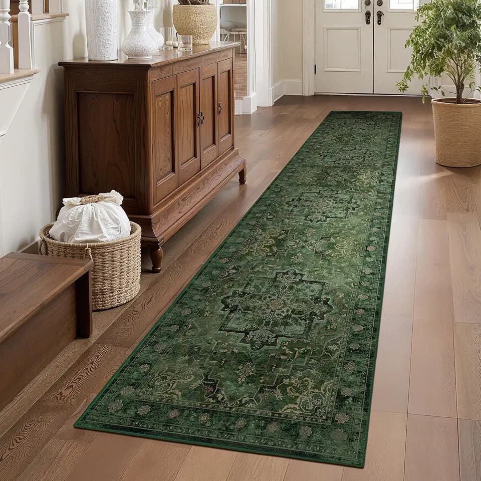 Dark Green Runner Rug 2x10 for Hallways, Retro Distressed Moody Medallion Long Carpet Runner for Entryway Mudroom, Low Pile Thin Soft Kitchen Bathroom Runner Rug Non Slip Washable