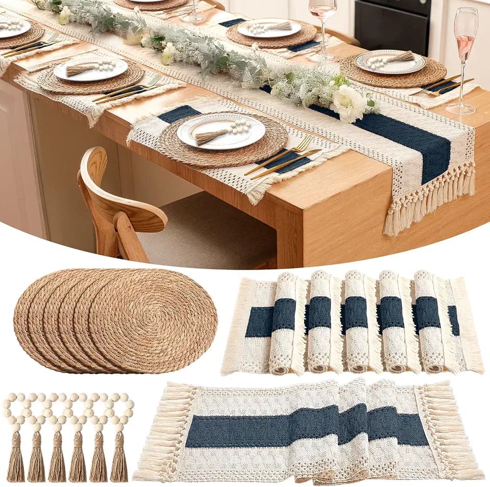 Set of 6 Blue Table Runner and Round Placemats Napkin Ring