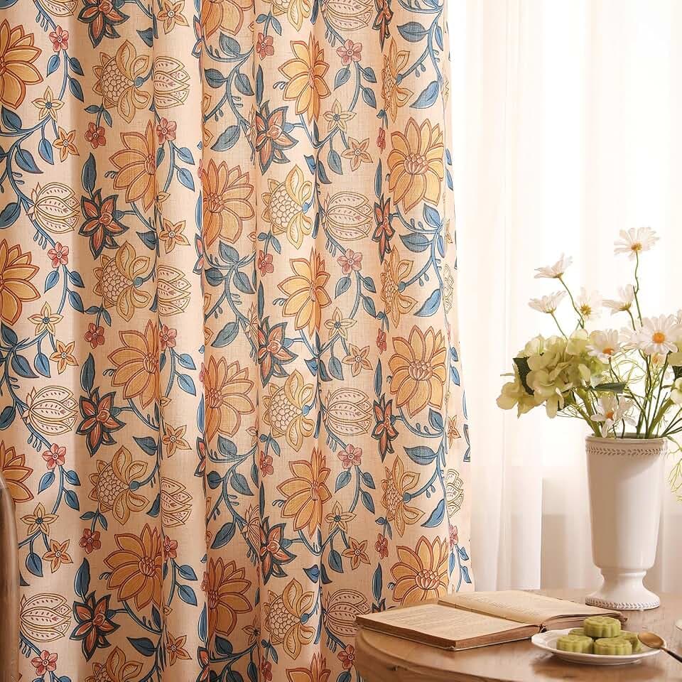 ISAENNE Designer Vintage Linen Printed Curtain,2 Panels,94"x53"-Estevan B