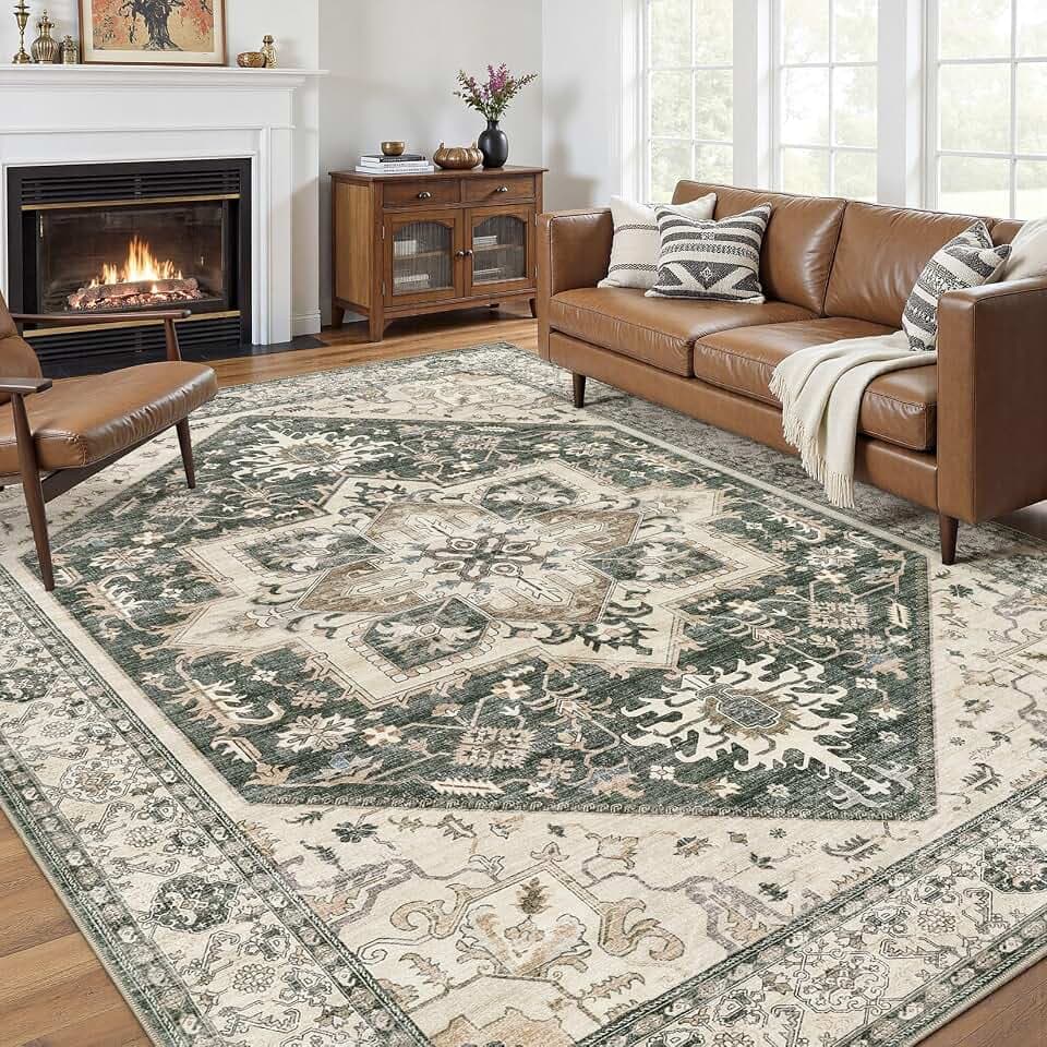 8x10 Area Rugs for Living Room - Large Carpet Ultra Thin Soft Washable Oriental Vintage Floral Distressed Rug Big Indoor Carpets for Bedroom Nursery Dorm Home Decor Aesthetic - Vintage Green