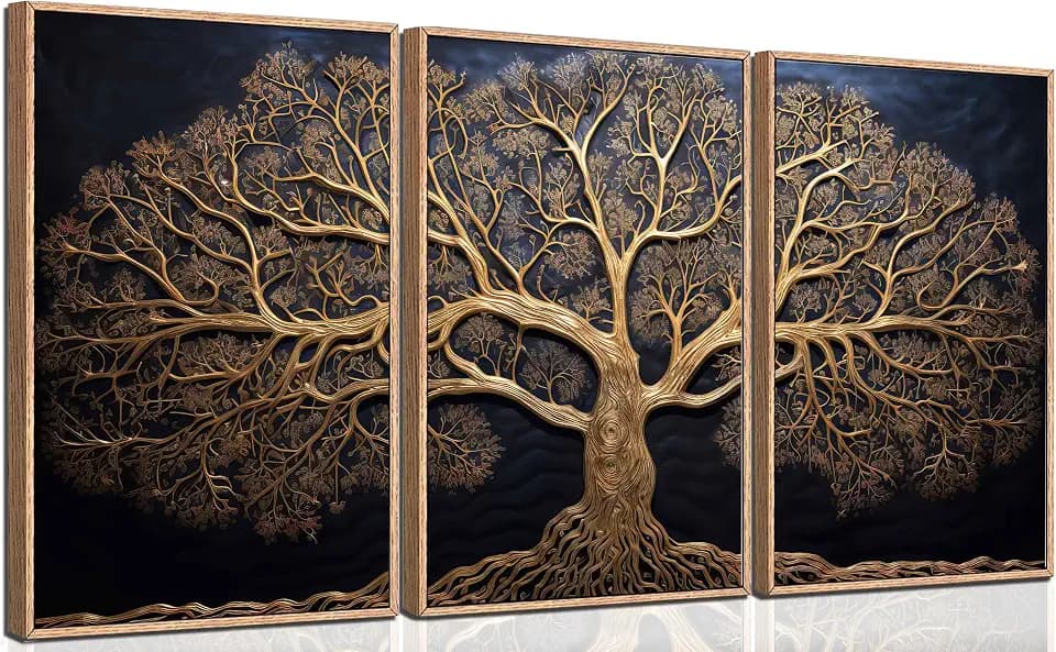 3Pcs Vintage Tree Life Canvas Wall Art Abstract Gold Tree Painting Decor Pictures Moody Modern Dark Plants Tree of Life Posters Prints for Living Room Bathroom Bedroom Decoration No Frames