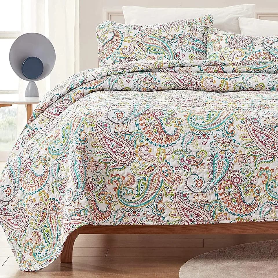 SLEEP ZONE 3-Piece Printed Quilt Set - Full/Queen Size - Lightweight Reversible Bedding Coverlet Set for All Season (Classic Paisley Pattern), Full/Queen (90x96 inch | 2 Pillow Shams)