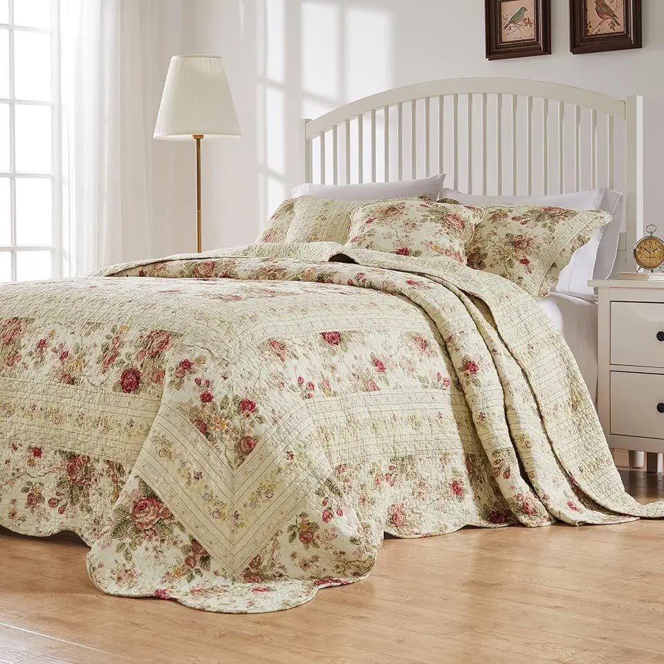 Greenland Home Antique Rose Jumbo Oversized 100% Cotton Bedding Set, Bedspread 110 W x 118 L with 2 Shams 20 W x 26 L Each, Queen (3 Piece), Ecru