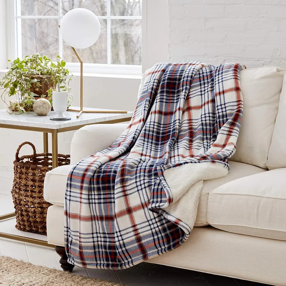 Eddie Bauer | Smart Heated Electric Throw Blanket - Reversible Sherpa - Plaid Blue