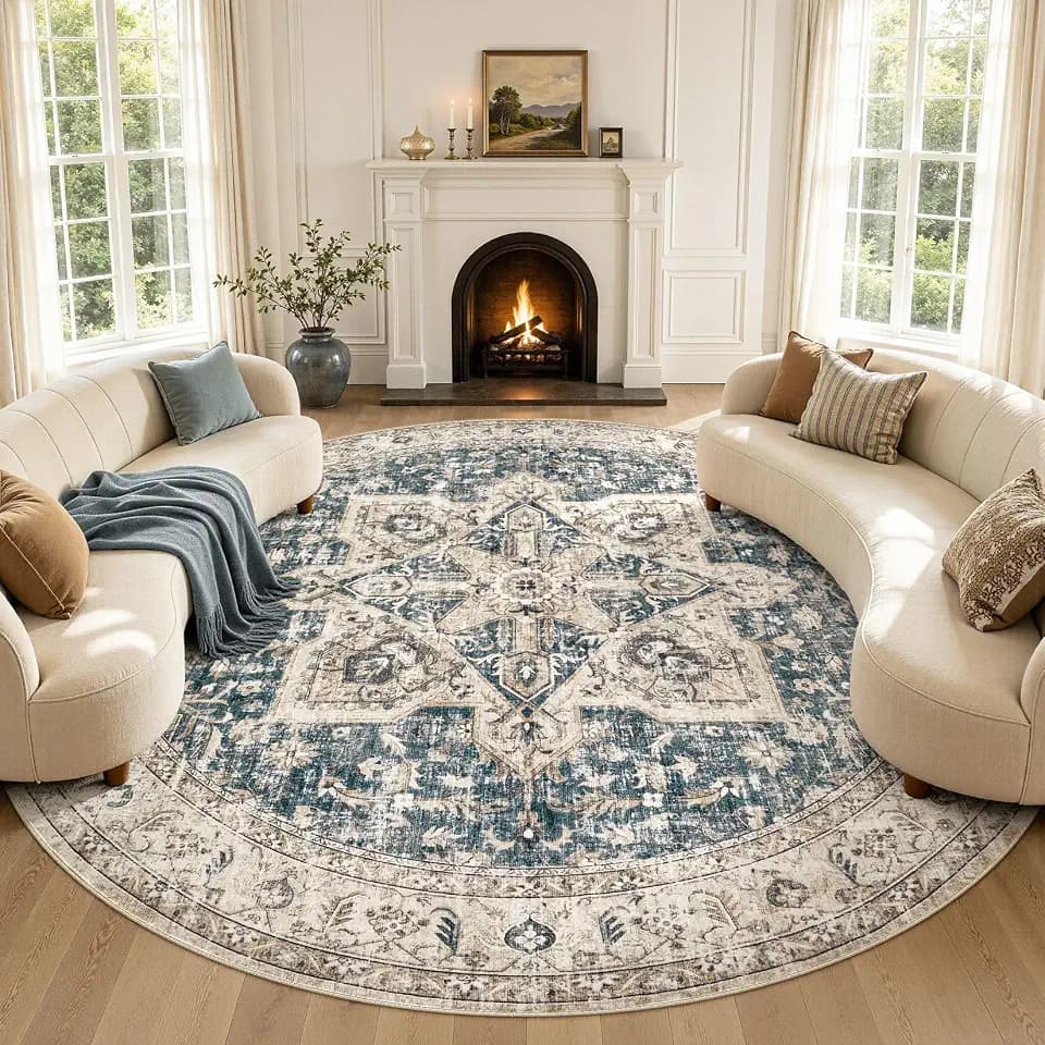 Tortania 10' Round Area Rug Living Room Rugs - Washable Boho Rug Vintage Oriental Distressed Farmhouse Large Thin Indoor Carpet for Bedroom Under Dining Table Home Office - Cream/Blue