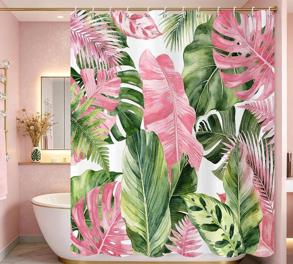 Pink and Green Tropical Leaf Shower Curtain, Abstract Palm Monstera Leaves Jungle Plant Bathroom Curtain Home Bathtub Decor Waterproof Fabric Machine Washable with 12 Hooks,72" Wx72 L