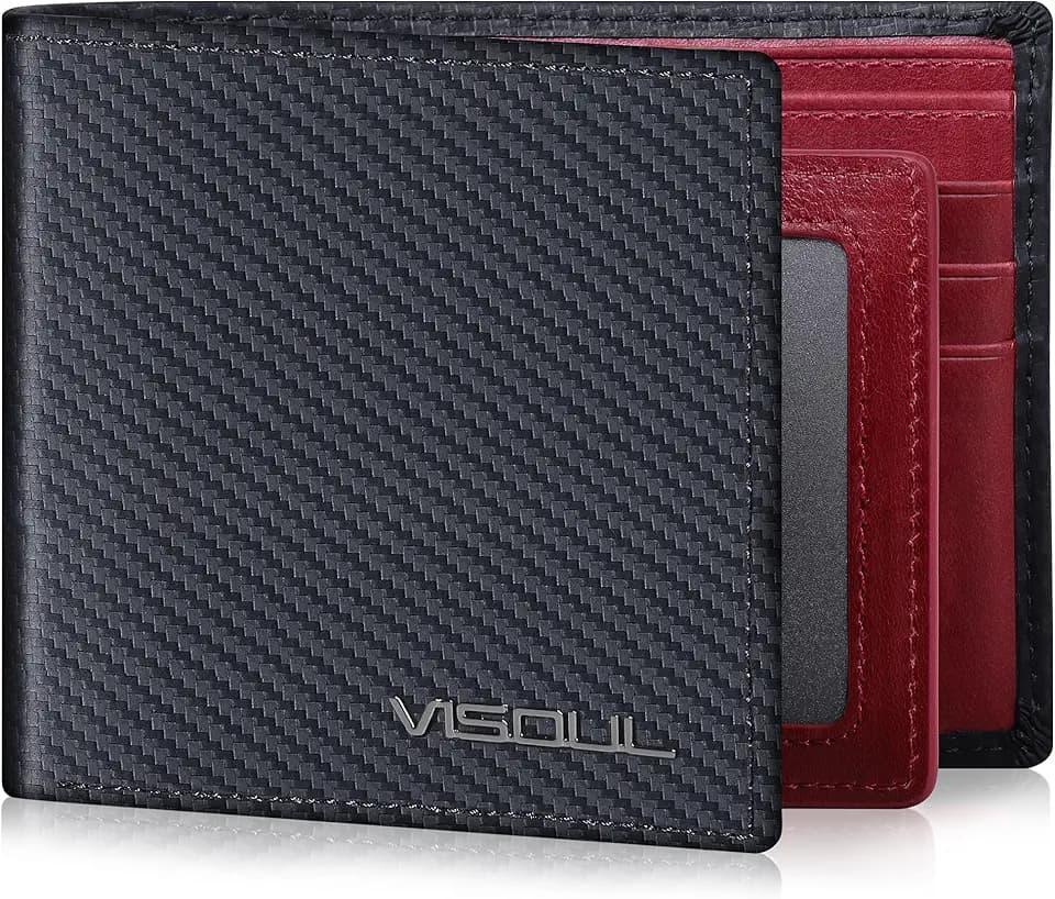 VISOUL Mens Wallet Bifold RFID Protected with 2 ID Windows 8 Credit Card Slots 2 Cash Compartments, Carbon Fiber Leather Wallet for Men Gift Box (Black+Burgundy)