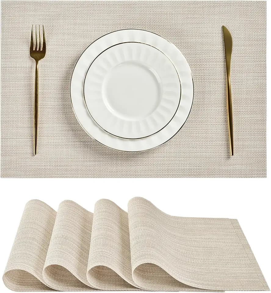 Beige White Placemats Set of 4 - Heat Resistant Non-Slip Place mats for Dining Table, Washable Durable PVC Vinyl Woven Table Mats(Beige White, 4)