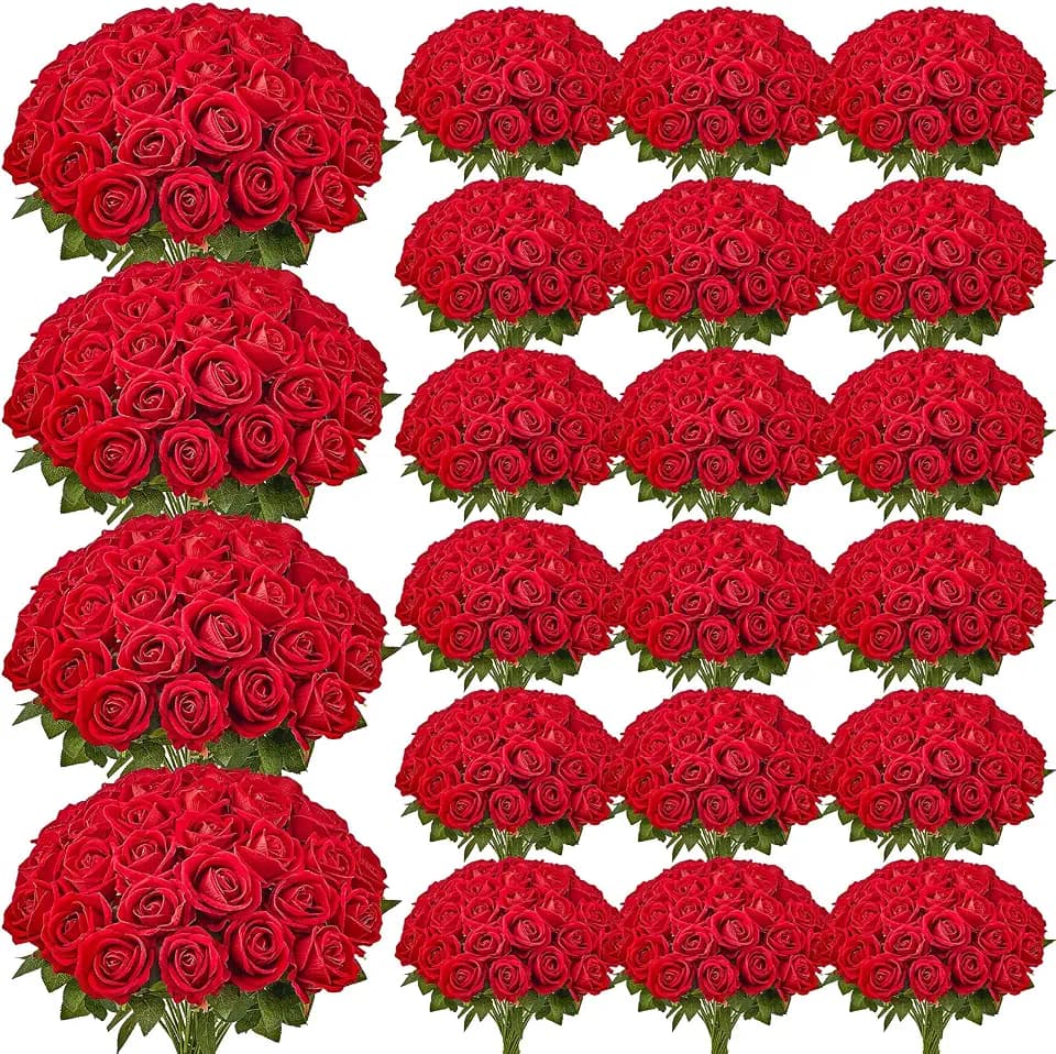 VEVOR Artificial Flowers, 500 pcs Real Looking Red Foam Fake Roses Bulk, Faux Red Bridal Shower with Stems for DIY Wedding Bouquets, Home Centerpieces Arrangements, Party Tables Decorations
