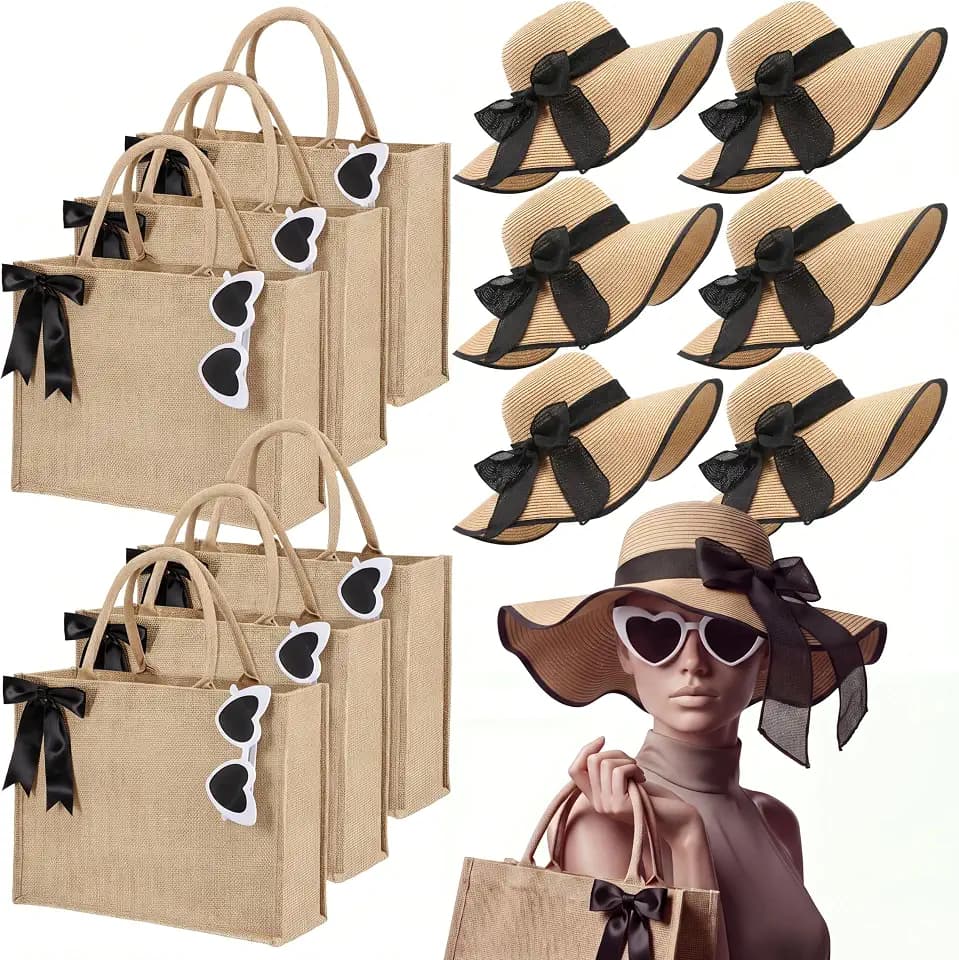 Paterr 24 Pieces/6 Sets Party Favors for Women - Bulk Burlap Tote Bags Floppy Sun Hats Heart Glasses Bow Ties for Summer Wedding Beach Bachelorette Tea Weekend Trip Party Bridesmaid Proposal Gifts