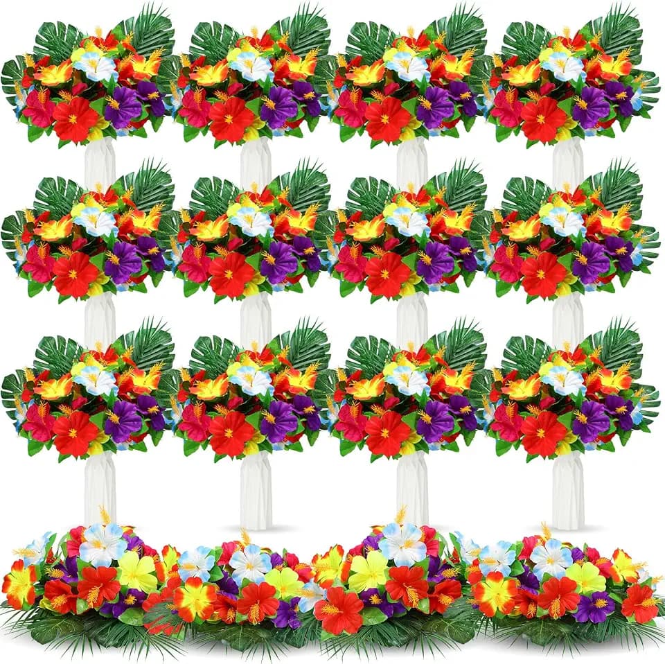 Hotop 48 Pcs Hawaiian Flower Centerpieces for Tables Artificial Palm Leaves Fake Hibiscus Flowers Tropical Party Decorations Supplies for Luau Safari Jungle Beach BBQ Theme Party Birthday Table Decor
