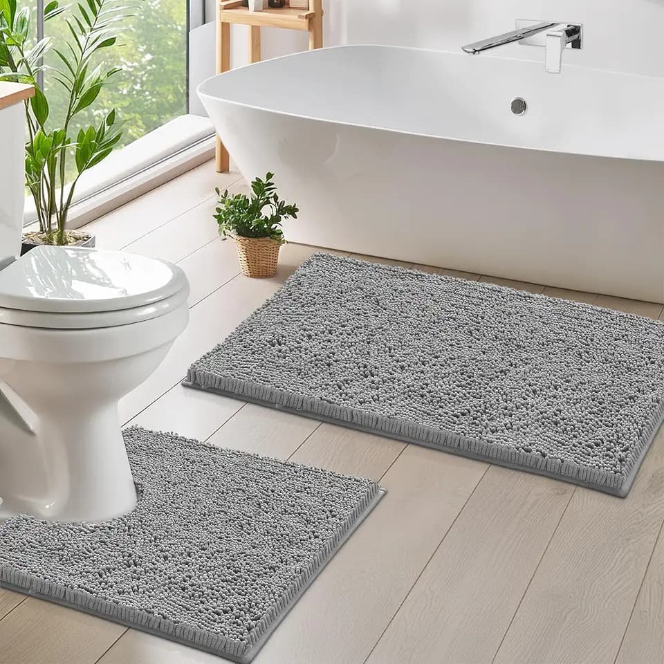 LuxUrux Soft Chenille Area Rug Set, 2 Piece Sets, U-Shape Contoured Toilet Base Mat & 31x20 Mat, Absorbent Washable Mats, Microfiber Dries Quickly, Bath Rugs for Tub, Light Grey.
