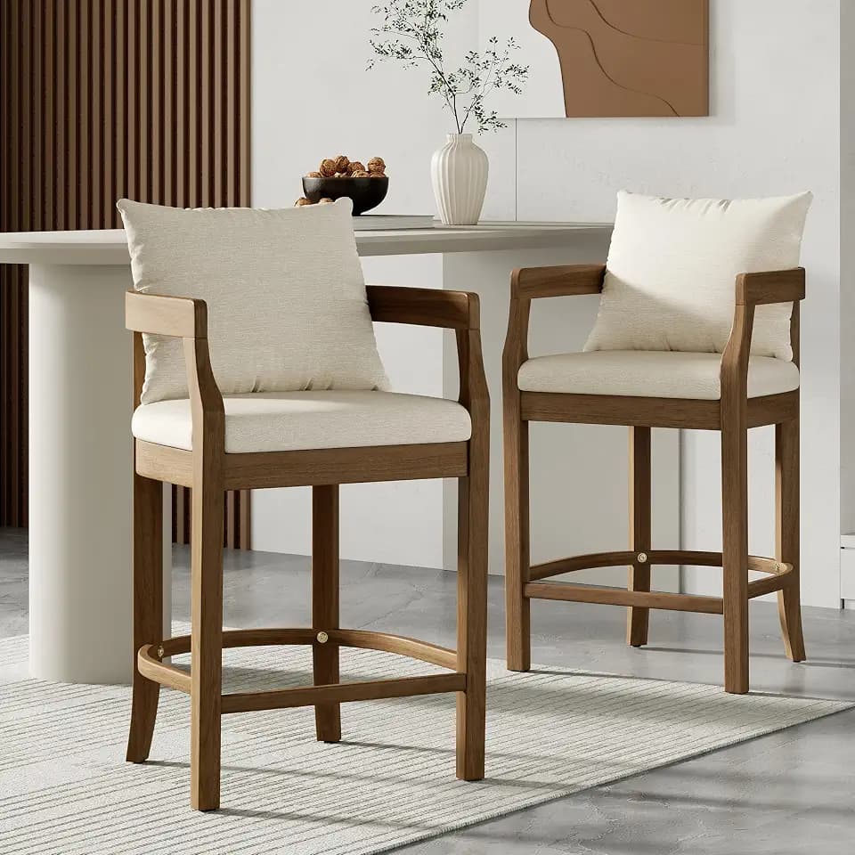 Christopher Knight Home Sion Modern 26.7" Counter Height Bar Stools Set of 2, Fabric Upholstered Counter Stools, Wooden Kitchen Island Armchair with Footrest and Round Backrest, Beige + Brown