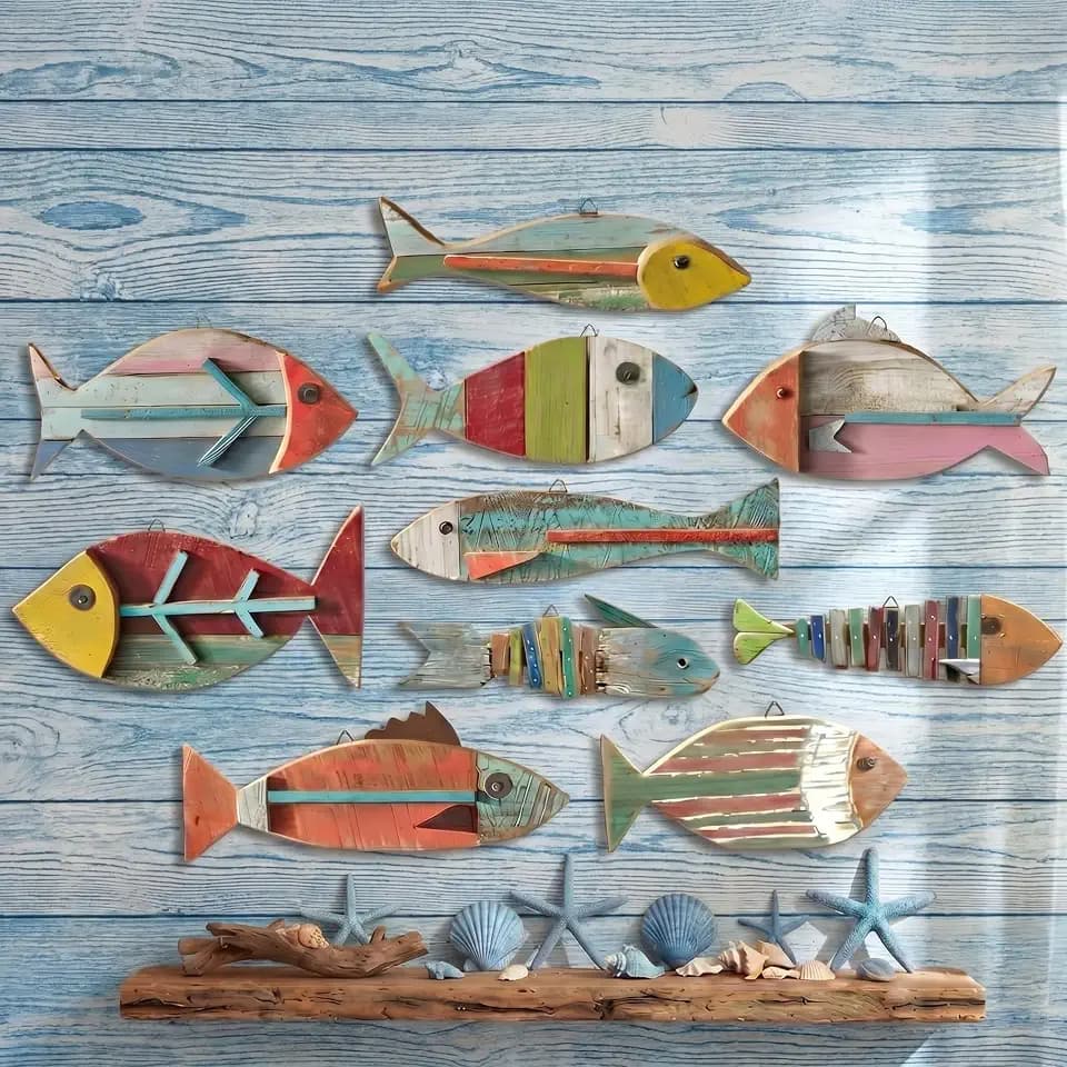 Yuntau 10 Pcs Fish Wall Decor Wooden Fish Wall Hanging Decor Stylish