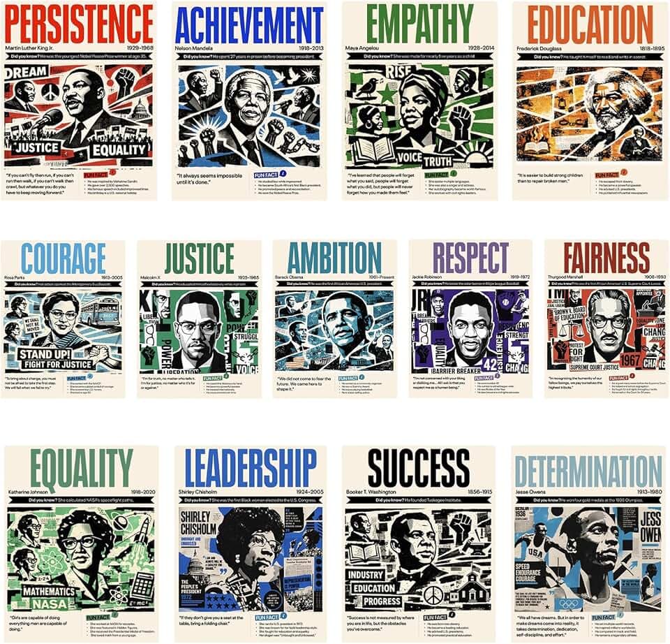 Black History Posters for Classroom 13-Pack, 11x14 Matte Laminated, Inspirational Educational Wall Art, Black History Month Posters with Quotes & Facts, Bulletin Board Classroom Decor for School & Homeschool