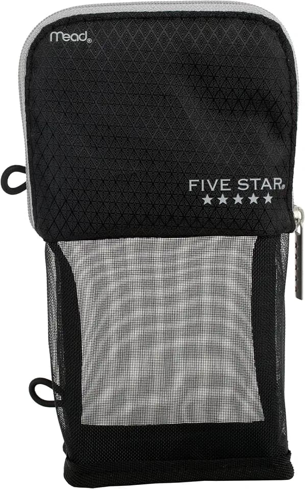 Five Star Pencil Pouch, Pen Case, Stand 'N Store Zipper Pouch, Fits 3-Ring Binder, Storage Organizer for Supplies Earbuds Chargers Cables Makeup, Black/Grey (505160A-ECM)