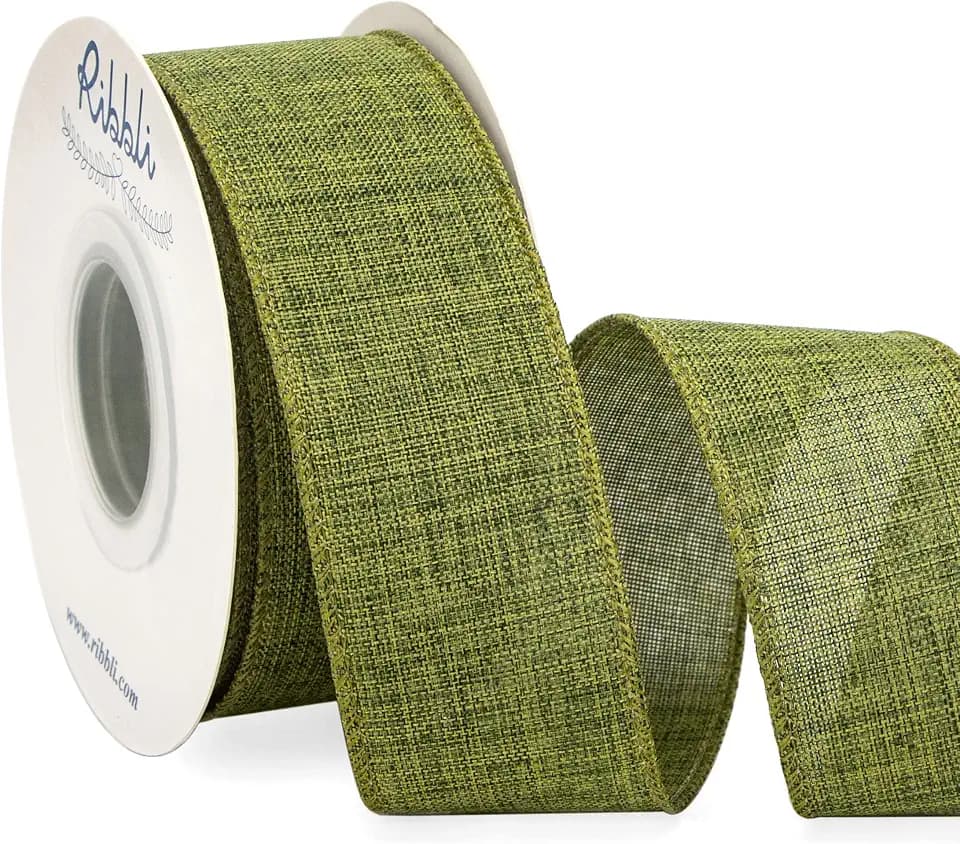 Ribbli Moss/Sage Green Linen Wired Ribbon, 1-1/2 Inch x Continuous 10 Yard, Green Burlap Wired Ribbon for Wreaths, Big Bow Crafts, Gift Wrapping, Christmas Tree Decoration