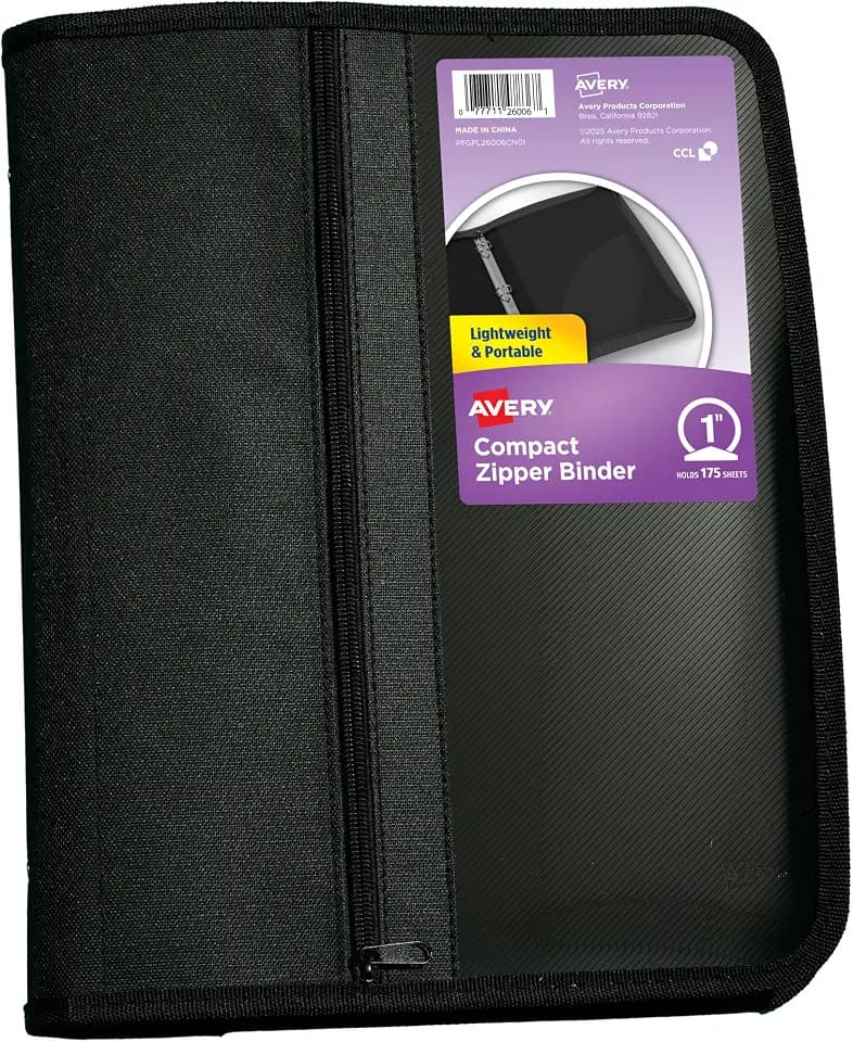 Avery Zipper 3 Ring Binder, 1" Round Rings, 1 Black Binder