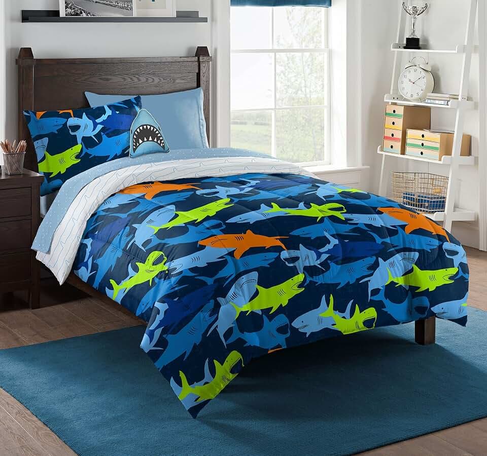 Northwest Classics Twin Sized Shark Adventure 6-Piece Bed in a Bag Set, All Seasons Bedding for Girls and Boys, Comforter, Flat Sheet, Fitted Sheet, Pillowcase, Pillow, Sham